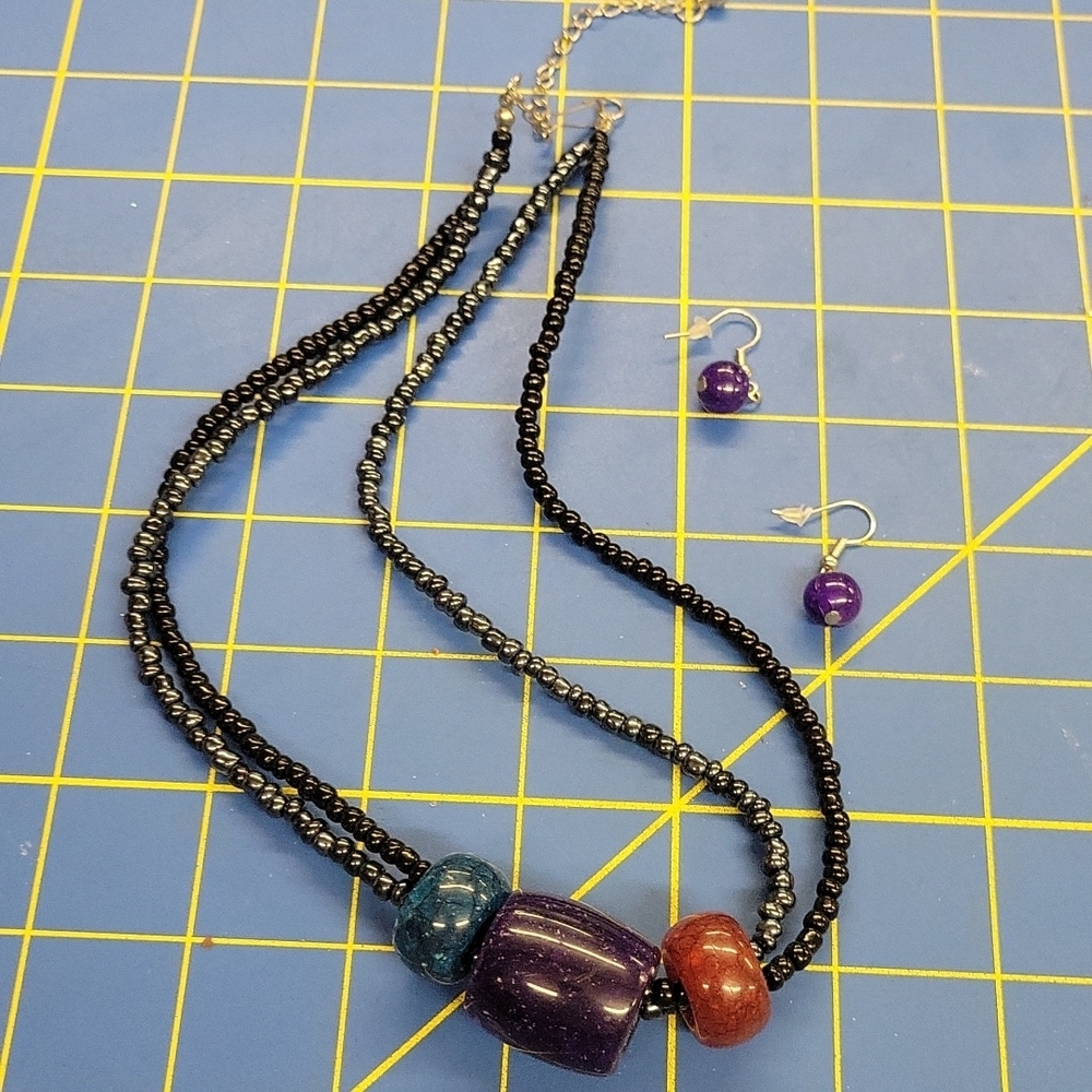 Purple Black Beaded Necklace & Earrings